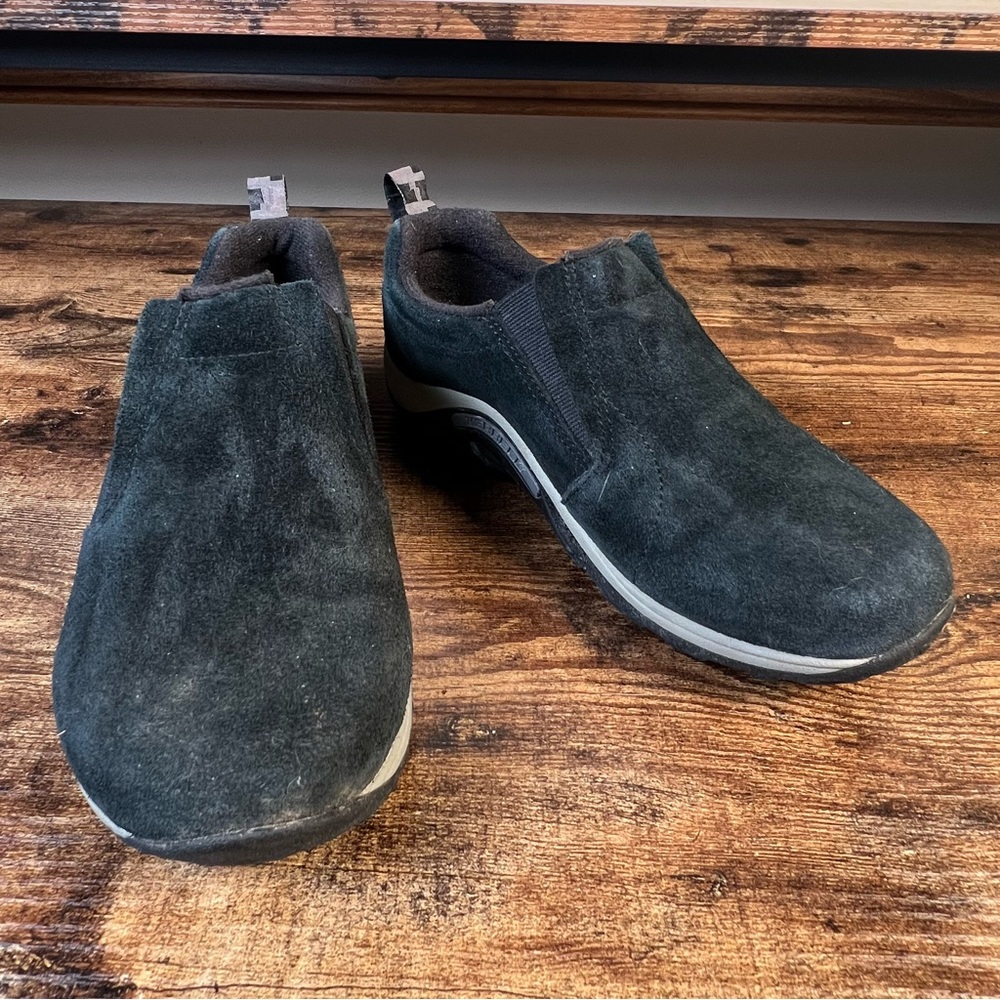 Merrell Suede Leather Clog Slip On Shoes Black Camo Tag Walking Trail Size 4 - Picture 2 of 11